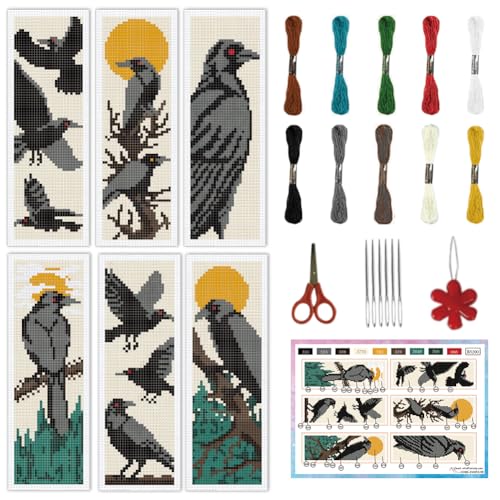INFUNLY 6 Set Halloween Cross Stitch Bookmark Kit Black Crow DIY Embroidery Bookmarks for Readers 22x8cm/8.67x3.14 Handmade Cross Stitch Bookmarks with Thread Kit Gifts for Book Lovers Adults - style: Halloween
