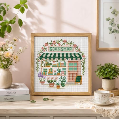 VIGEGU Bookstore Stamped Cross Stitch Kits for Adults Beginners with Frame - color: Cross-Stitch bookstore
