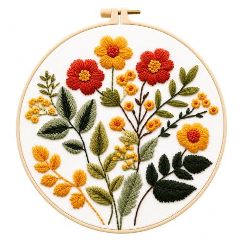 Zhenqing Floral Embroidery Kit for Beginners, Wildflower Botanical Needlework Kit with Pre-Printed Cotton Fabric, Hoop, Threads & Tools, Flower Wall Decor (C0126) - color: Vintage Wildflower