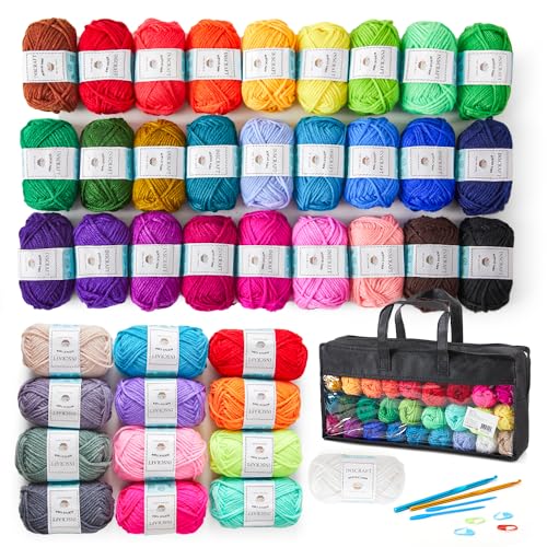 INSCRAFT 48 PCS Crochet Yarn Kit, 1400 Yards 40 Colors Acrylic Yarn Skeins, 2 Crochet Hooks, 2 Weaving Needles, 4 Stitch Markers, 1 Bag, for Crocheting & Knitting, Gift for Beginners and Adults - size: 48 Pieces with Bag