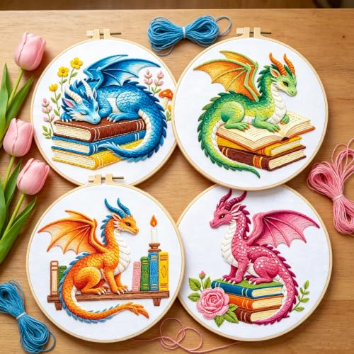 BEUNITONE 4 Set Embroidery Kits for Beginners with Dragon Pre-Print Patterns, DIY Craft Kits Include Instructions and 2 Embroidery Hoops, Cross Stitch Needlepoint Kits for Craft Lover and Home Decor - style: A-Dragon