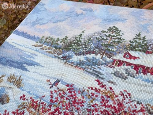 Merejka Counted Cross Stitch Kit – The Lake House K-261, Winter Cottage Lakeside Scene, Zweigart Aida 16 White, 34 DMC Threads, Finished Size 11.8 x 15.7 in (30 x 40 cm)