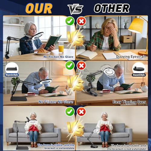Magnifying Glass with Light and Stand,15x 3in1 Magnifying Lamp, 5 Color Stepless Dimmable,80 Led Desk&Floor Lamp with Lighted Magnifying Glass,Hands Free Magnifying Glasses for Close Work
