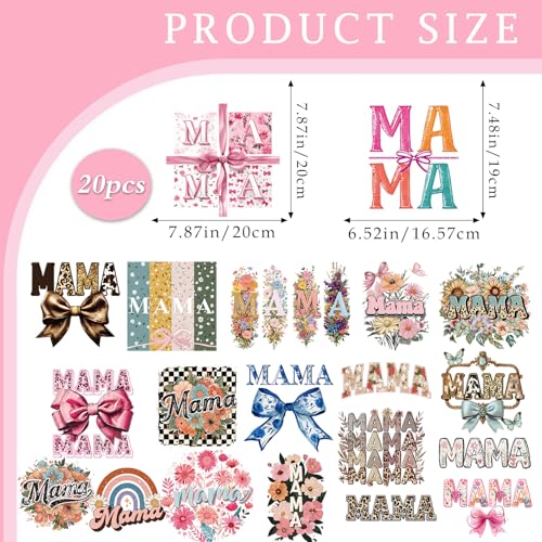 Dazoratix Mama Iron on Transfers - 20 Sheets Mother's Day Bow DTF Ready to Press Heat Patches Bulk Cute Floral Stickers Vinyl Decals Women T Shirts Clothing Pillow Bag Hat Gifts DIY Crafts Decorations - style: Mama Bow