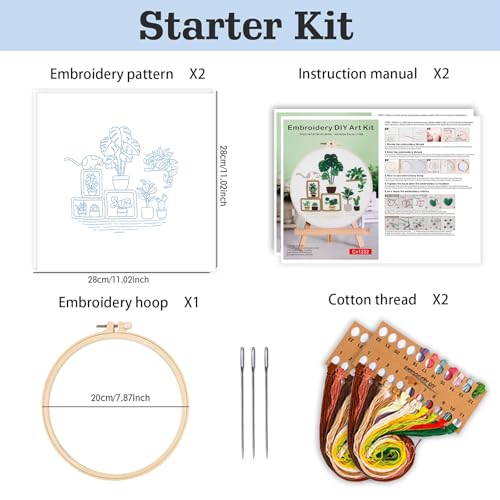 spicssa 2 PCS Embroidery Kit for Beginners, Hand Needlepoint Kits for Adults with Pre-Stamped Patterns, 7.8-Inch Hoop, Threads & Needles, Step by Step Instructions - color: green plants A