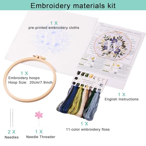 Harimau Letter Pattern W Embroidery Kit for Adult Beginners, Complete Starter Pack with 1 Hoop, Needles, Instruction Guide & Embroidery Stitch Video Tutorials - color: W