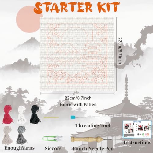 BEUNITONE 2Set Punch Needle Kit with Frame for Adults Beginners, Japanese Style Needlepoint Crafts Kit for Adults, Complete Embroidery Starter Kits with Pre-print Pattern for Gift Home Decor 9.4"x9.4" - color: 03-Japanese Landscape
