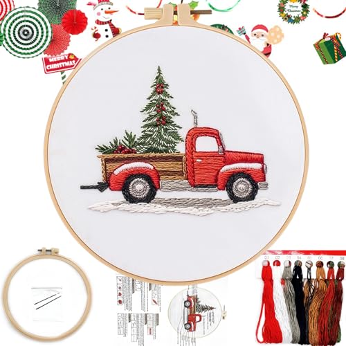 FONNUY Crewel Christmas Embroidery Kit for Beginners, Cross Stitch Set Winter Snow Scene Pine Owl Pattern for Adults, Easy to Follow Color Thread Needlework, 8'' Hoop (Trunk and Tree) - style: Trunk and Tree