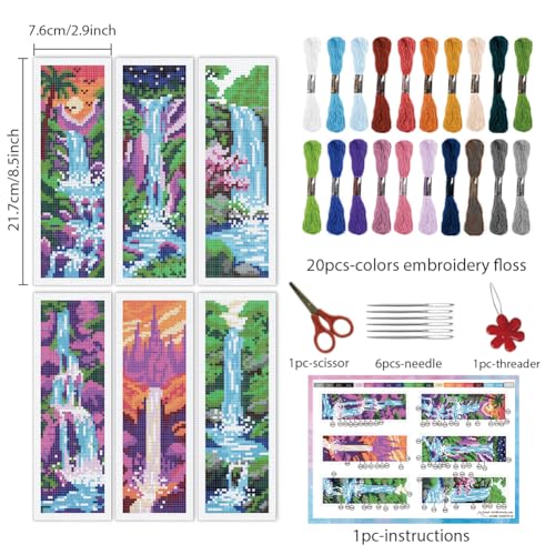 INFUNLY 6 Set Waterfall Cross Stitch Bookmark Kit Landscape DIY Embroidery Bookmarks for Readers 22x8cm/8.67x3.14 Handmade Cross Stitch Bookmarks with Thread Kit Gifts for Book Lovers Adults - style: Waterfall Landscape