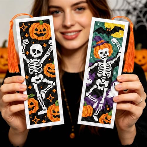 ACRNIGHEET 6PCS Cross Stitch Bookmark Kit (Halloween Skeleton Pattern) - style: Halloween Skeleton with Tassel