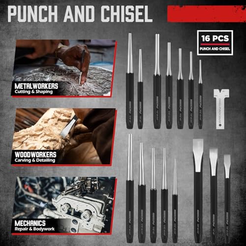 16-Piece Punch and Chisel Set, Includes Pin, Taper and Center Punch Tools, Cold Chisels and Chisel Gauge for Metalworking, Automotive Repair, Woodworking and Maintenance - color: 16-piece Set