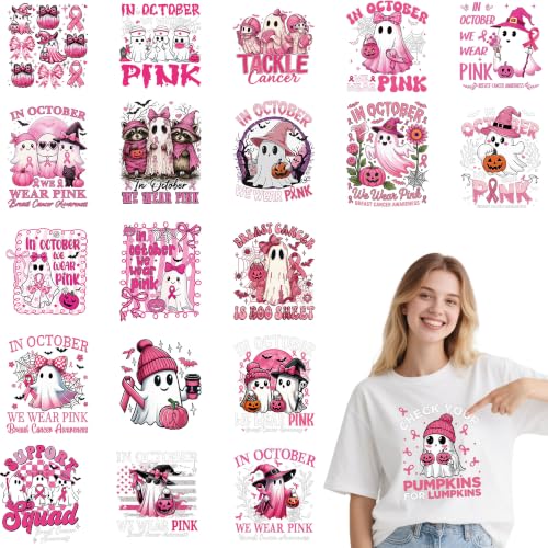 20 Pcs Halloween Breast Cancer Awareness Iron on Transfers for T Shirts - color: Pink Ghost