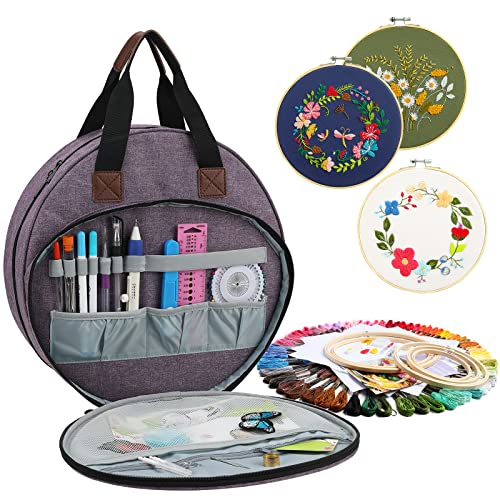 Multifunctional Embroidery Supplies Storage Tote Bag, Large-Capacity Embroidery Project Storage Bag - color: Purple Circle