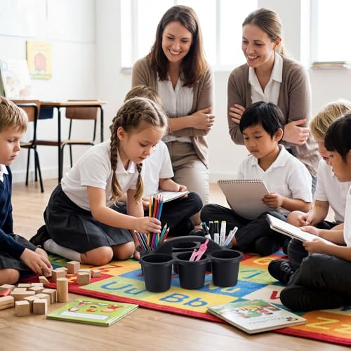 6 Pack 6 Cup Caddy for Classroom Plastic Round Desk Table Caddy, Black - color: Black