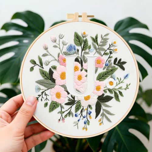 Zerzsy 7.87 '' Embroidery Kits Plant Flower Leaf English Letter Patterns for Beginners Adults, Easy to Learn Cross Stitch Kit for Home Office Decor - color: Letter U