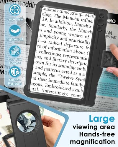 30X 5X Rechargeable Magnifying Glass for Reading, Large Full Page Magnifier with Folding Stand, 3 Color Light Modes, Dimmable LED Lighted, Hands Free Book Magnifier for Fine Prints Low Vision Seniors