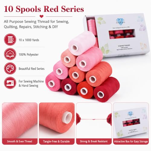 Simthread All Purpose Sewing Thread, 10 Spool Assorted Red Series 1000 Yards Each Bobbin Polyester Thread for Sewing, Handy Polyester Sewing Threads for Sewing Machine - (Red Series) - color: red series