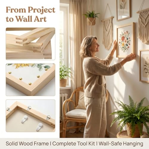 12PCS Stretcher Bars for Needlework, 3 Sizes (8", 12", 16") Wooden Needlepoint Stretcher Bars with Rubber Mallet, Screwdriver & Hanging Kit, Complete Embroidery Canvas Frame Set for Wall Decor (12)