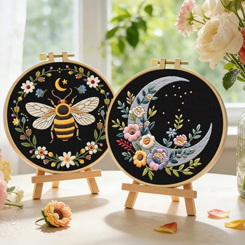 ERKOON Embroidery Kit for Beginners Adult, 2 Set Flower Cross Stitch Set Include Embroidery Cloth Hoops Threads for Craft Lover Hand Stitch with Embroidery Skill Techniques (Bee Moon) - color: Moon and Bee