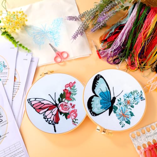 Riceshoot 8 Set Butterfly Floral Embroidery Kit for Beginner Adults Butterfly Embroidery Cross Stitch DIY Craft Needlepoint Pack Kits with Pattern Instruction Cloth Hoops Thread Needle Scissors - style: Butterfly Floral