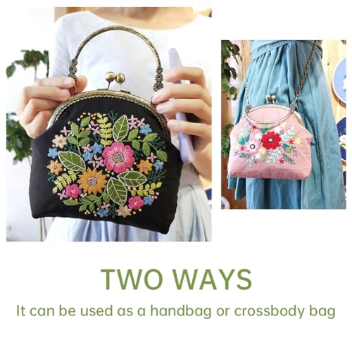 Eforcase Flower Embroidery Kit Tote Bag, Embroidery Coin Purse Kits Handbag Hand Embroidery Kit for Adults Beginner with Embroidery Patterns, Embroidery Hoop,DIY Sewing Kit - color: flower