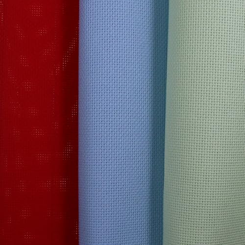 KCS 3 pc of 15" x 18"(38cmx45cm) Counted Cross Stitch Cotton Aida Cloth Needlework Rolled Fabric Box,18CT,Light Blue+Light Green+Red - color: Light Blue+light Green+red, size: 18CT