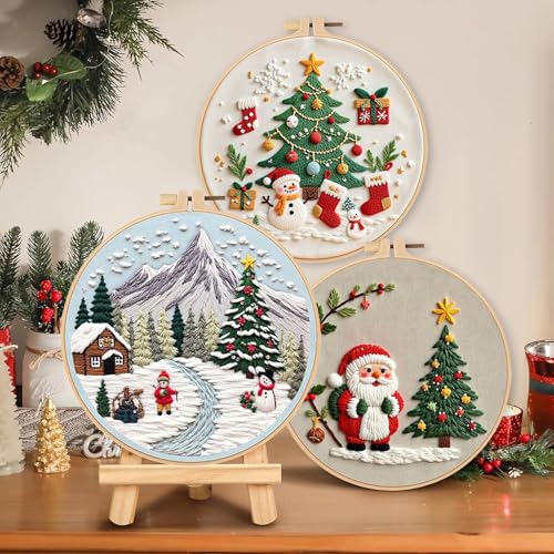 LB Red Christmas Embroidery Kit for Beginners Adults, 3 Sets Hand Embroidery Starter Kit with Santa Pattern and Instructions Stamped Cross Stitch Kits Include Embroidery Hoop Needles Threads Scissors - color: Green Gold