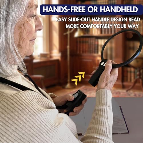 MAGNIPROS Hands-Free Magnifying Glass with Light for Seniors, 5X/10X Rechargeable GooseNeck Magnifier, 3 Color Light Modes, LCD Display, Reading, Sewing, Crafts