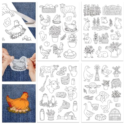 GLOBLELAND 4 Sheets Farmhouse Animals Water Soluble Embroidery Pattern - color: Farm Animals