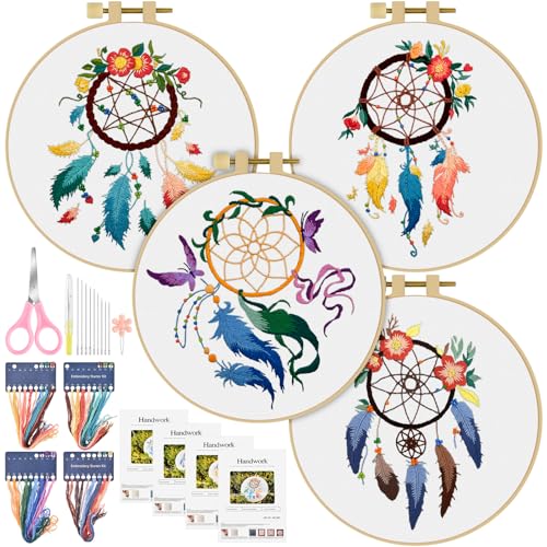ERKOON 4 Set Embroidery Kit for Beginners, Cross Stitch Set Include Embroidery Cloth Hoops Threads for Craft Lover Hand Stitch with Embroidery Skill Techniques (Feather Wreath) - color: Feather Wreath