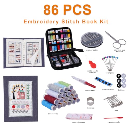 Udihch 86 PCS Embroidery Stitch Book Kit, Beginner Kit with 6 Inch Hoops