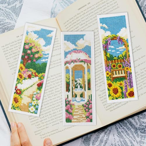 INFUNLY 6 Set Colorful Garden DIY Cross Stitch Bookmark Kits for Adults Rose Sunflower Counted Cross Stitch Kit with Instruction Flowers Stamped Embroidery Bookmark Kit for Book Lovers Readers Gift - style: Garden