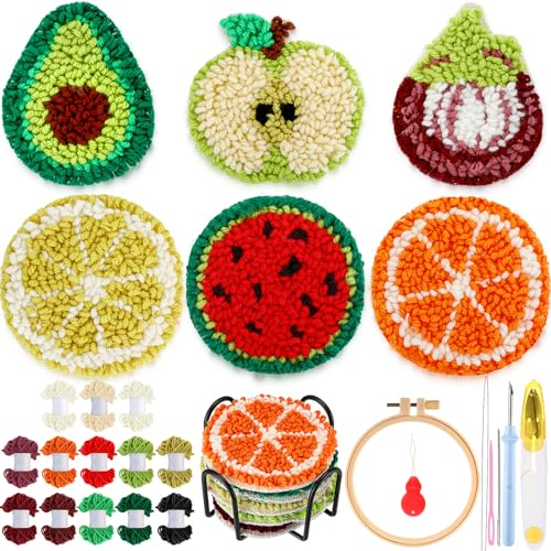 Yaomiao 6 Pcs Fruit Punch Needle Coaster Kit for Beginners, Adults - style: Fruit
