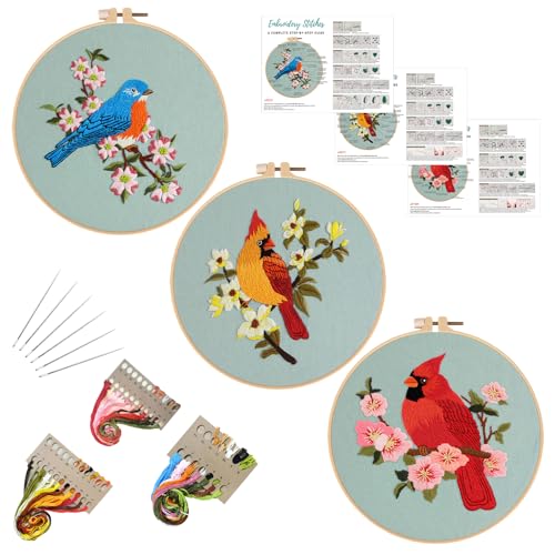 Louise Maelys 3 Set Colorful Bird Embroidery Kit for Beginners Gift - color: Animals-6