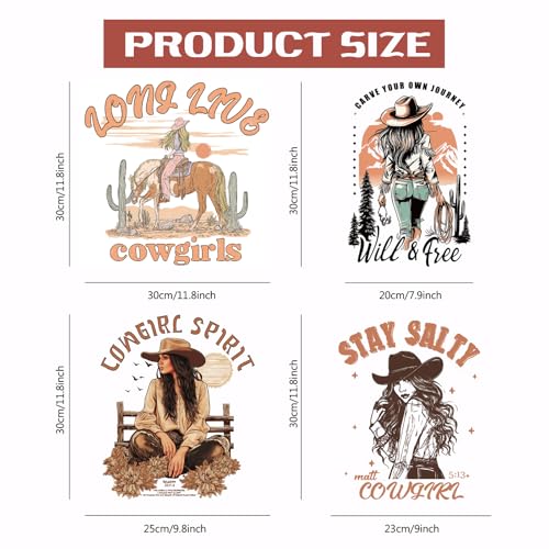 SUPERDANT 4PCS DTF Transfers Ready to Press Iron on Transfers for Clothing - style: Western Cowgirls