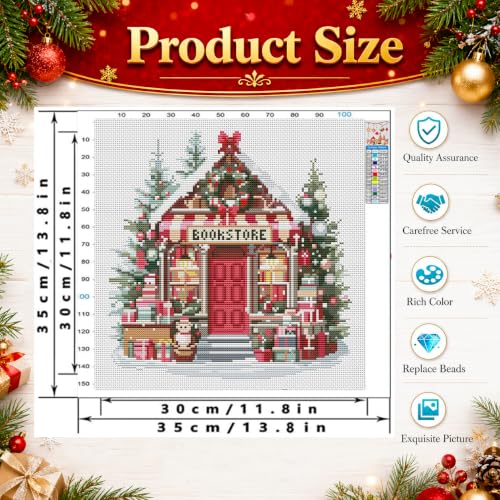 Christmas Bookstore Stamped Cross Stitch Kits for Adults Beginners 14x14 in - color: Christmas bookstore Cross Stitch