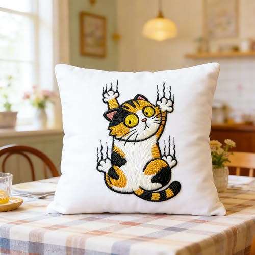 BEUNITONE 4PCS Fun and Funny Cat Embroidery Kit for Beginners, Cute Pre-Print Cat Pattern Hand Embroidery Kits with Hoop and Instruction, DIY Needlepoint Craft Kit for Gifts and Home Decor - style: A-Cat-02