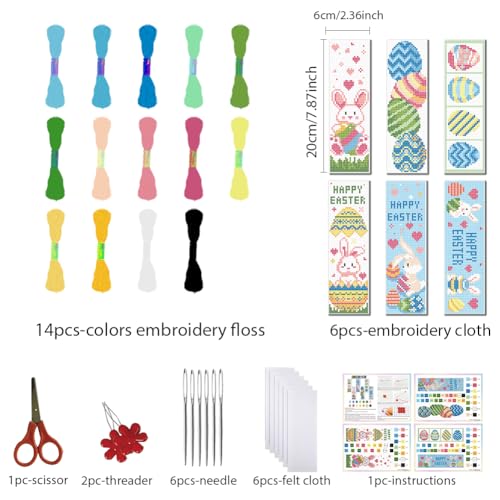 FREEBLOSS 6 Set Easter Cross Stitch Bookmark Kits Easter Eggs Pattern Stamped Cross Stitch Kit with Clear Instructions DIY Bookmarks Cross Stitch Kits Embroidery Bookmarks Kit for Adults Beginners - style: Easter Egg