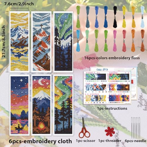 ACRNIGHEET 6PCS Cross Stitch Bookmark Kit for Beginner Stamped Cross Stitch Kits for Adults Nordic Landscapes DIY Embroidery Bookmark Kits Needlepoint Kit with Instructions Craft Gift 8.5''x3'' 11CT - style: Landscape Patterns 3