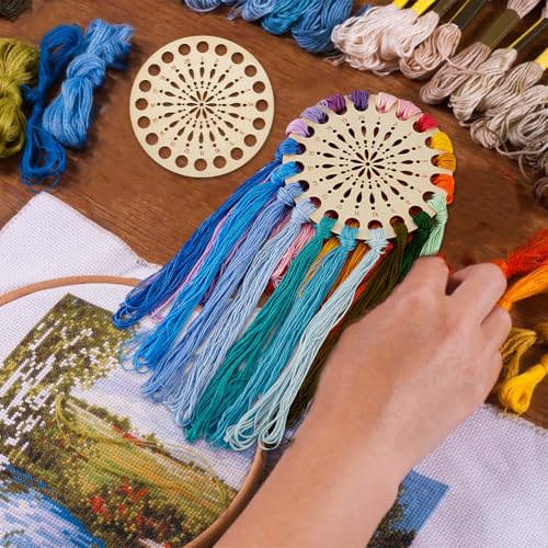 PH PandaHall 2pcs Wooden Embroidery Floss Organizer Cross Stitch Thread Holder, 20 Positions Round Flower Thread Organizer Threads Sorter Cross Stitch for Craft DIY Sewing Supplies, 5.5 inch