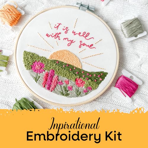 Elly & Grace Christian Embroidery Kit with Embroidery Hoop, Easy Embroidery Kit for Beginners and Adults, Full Embroidery Hoop Kit with Needles and Thread Included (It is Well) - style: It is Well
