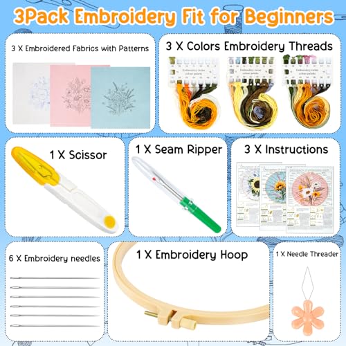 Ponpon 3 Sets Embroidery Kit for Beginners, Embroidery Kit for Adults with Follow Instruction, Cross Stitch Kits with Wooden Embroidery Hoops (Stlye A) - style: Stlye A