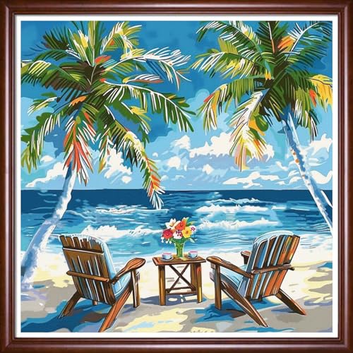 Redxing Stamped Cross Stitch Kits Full Range of Embroidery Starter Kits- Needlepoint Counted Cross Stitch Kits for Beginner Adults 11CT Printed Embroidery Kit-Coconut trees resting seaside 18x18 inchs - color: DIYArtsKit10