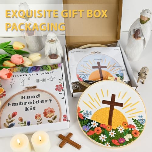 ElasignShopo Christian Embroidery Kit for Beginners Adults, Easy Cross Stitch Kit Easter Cross Jesus Pattern Embroidery Starter Kits with Wooden Hoop, Needles, Threads and Instruction Easter Gift - color: Flower Cross