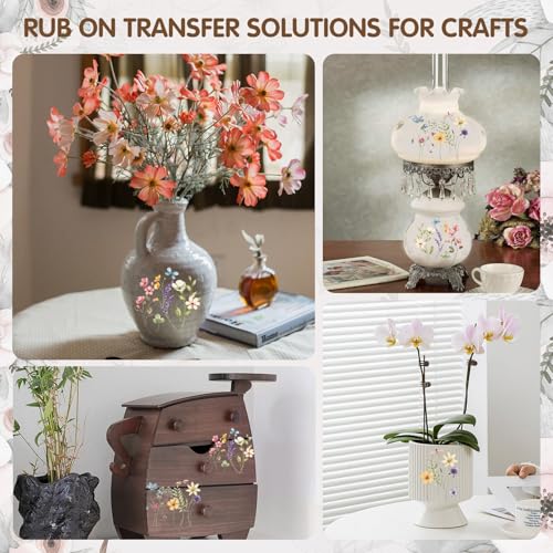 ZMRU 3 Sheets Vintage Rub On Transfers for Crafts, Rub On Transfers for Furniture Decals, Wood, Glass, Porcelain, Scrapbooking,Journals, 12 * 6inch(Wildflower)