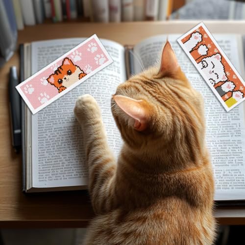 INFUNLY 6pcs Cartoon Cat DIY Cross Stitch Bookmark Kits for Beginner 8.66"×3.15" Cute Kitten Stamped Embroidery Kit with Instruction Pussycat Printed Bookmark Kits for Cat Lovers Book Readers Writers - style: 6pcs Cartoon Cat