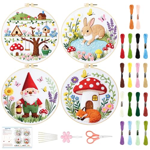 BEUNITONE 4 Set Embroidery Kit for Beginners, Fairy Tale Pattern Cross Stitch Kits, Needlepoint Kits for Adults with Instructions and Full Kit, Funny Hand Embroidery Patterns for Cloth and Home Decor - style: D-Fairy Tales