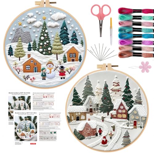 Offizon Christmas Embroidery Kit for Beginners, 2 PCS Starter Cross Stitches, Winter Night Santa Handicrafts, Merry Chistmas - color: Christmas Snow