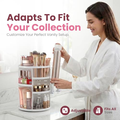 Masirs 360 Rotating Makeup Organizer Countertop, Adjustable Shelf, White - color: White