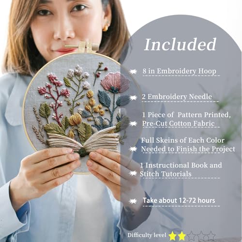 FONNUY Embroidery Kit for Beginners, Flower Book Pre-Stamped Pattern Kits for Adults with Hoop, Cross Stitch Easy to Follow Color Thread Needlework, 8'' Hoop (Green) - color: Green